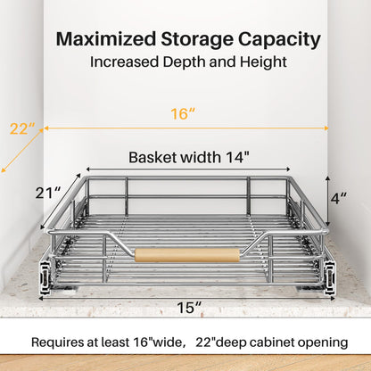 Pull out Cabinet Organizer, 15"W X 21"D, Heavy Duty Smooth Sliding Under Cabinet Shelves for Pots and Pans, Full-Extension Roll out Drawers, Slide out Organization for Home Kitchen Pantry
