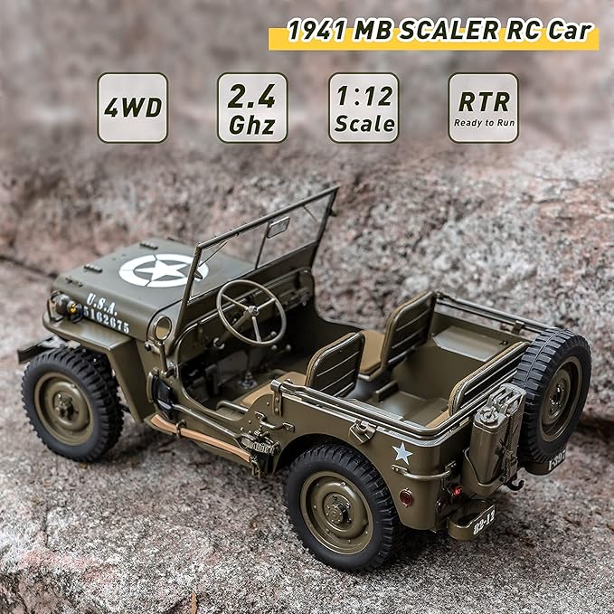 WOWRC RocHobby 1/12 1941 MB Scaler RC Jeep 4x4 Hobby Grade RTR RC Car Mini RC Rock Crawler Military 2.4Ghz RC Truck with LED Lights Battery and USB Charger for Adults