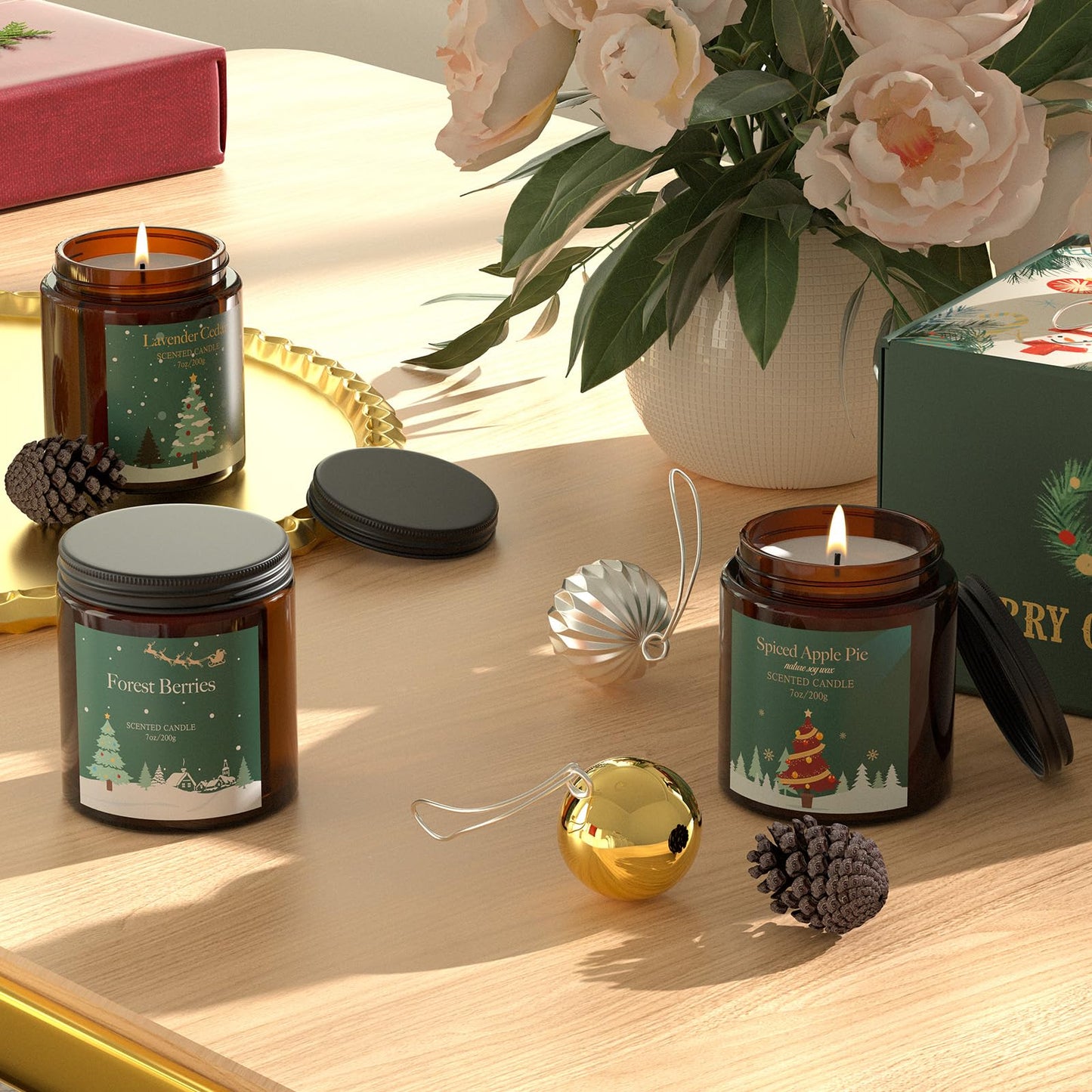 Christmas Candles Gift Set for Women, Scented Soy Candles for Home, 4 Pack 7 oz Fall Fragrance of Smoky Ebony/Spiced Apple Pie/Lavender Cedar/Forest Berries