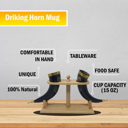 Galaxy Indiacraft Viking Drinking Handmade Natural OX Horn | Tankard | Mug | Cup for Ale, Beer, Mead, Wine | 12 to 15 Inch | 100% Leak Free | with Beautiful Wooden Stand (Set of 2)