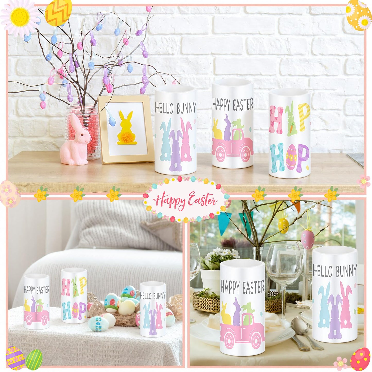 Retisee 3 Pcs Pastel Easter Flameless LED Candles Battery Operated Bunny Spring Flickering Pillar Candles with Remote Pastel Easter Decoration Centerpiece for Bedroom Living Room Dinner Table Decor