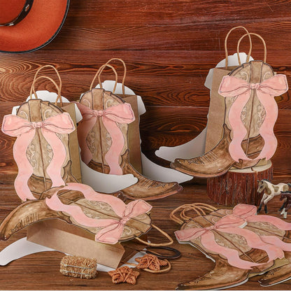 Sinload Western Gift Bags - Cowgirl Cowboy Boots Design with Pink Bow Handles | Brown Style, Perfect for Party Favors