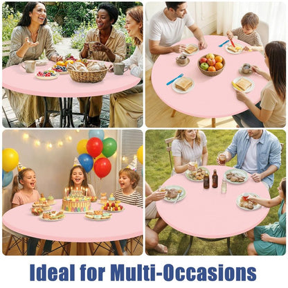 Moosfor Round Spandex Valentines Day Tablecloth, Elastic Fitted Waterproof Tablecloths for 18"-24" Tables, Stretch Washable Picnic Table Cover for Camping, Dining, Indoor and Outdoor, Pink