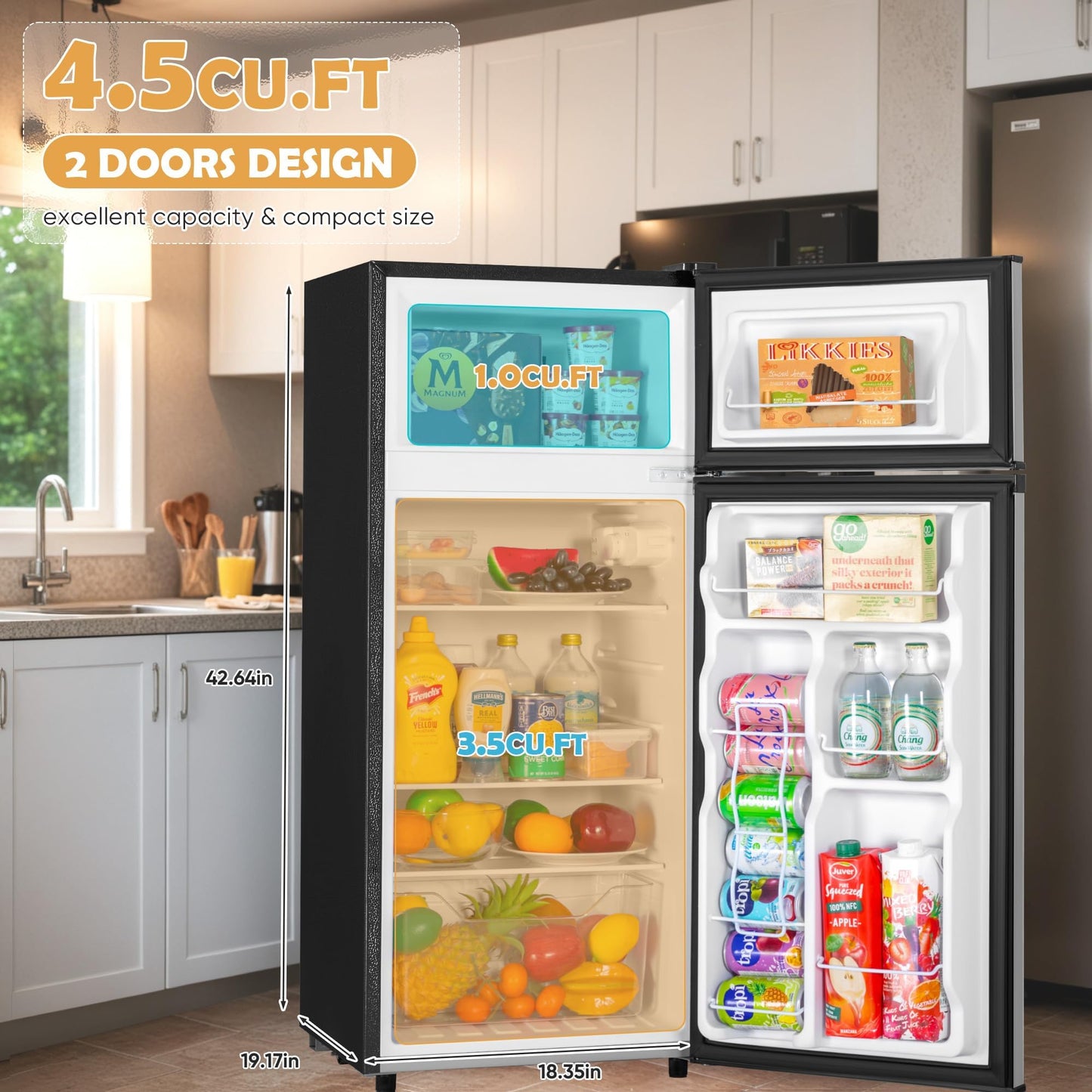 Manastin 4.5 Cu.Ft Mini Fridge with Freezer, Small Fridge with 2 Doors for Office, Kitchen, Dorm and Bedroom, Mini Refrigerator with Adjustable Shelves (Silver)