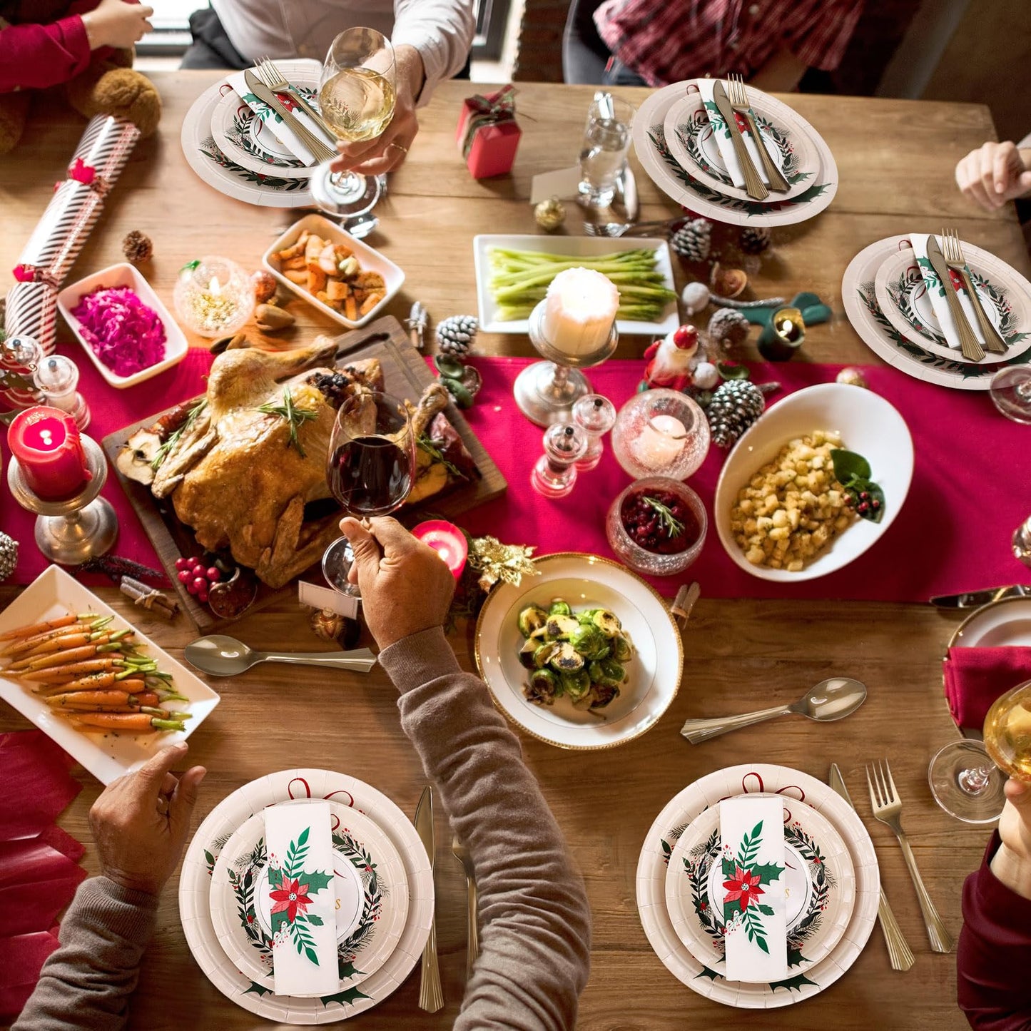 Sliner 350 Pcs Christmas Party Supplies Disposable Christmas Tableware Set 100 Paper Plate 50 Cup Napkin Knives Fork Spoon Xmas Holiday Party Dinnerware Table Decoration Classic Xmas Tableware