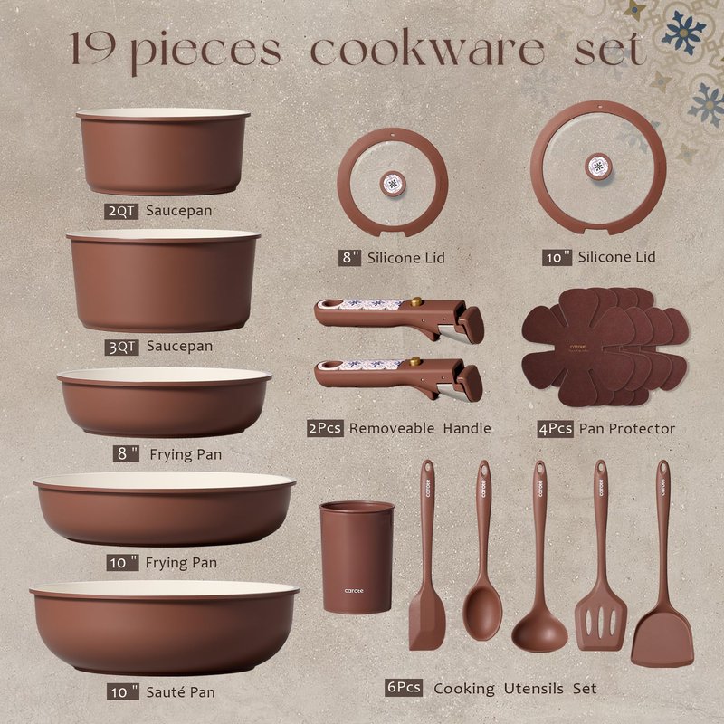 CAROTE 19Pcs Ceramic Cookware Set, Pots and Pans Set Non stick, Non Toxic Cookware Detachable Handle, Kitchen Cooking Set - Induction Cookware, Dishwasher/Oven Safe, PFAS Free, Chocolate
