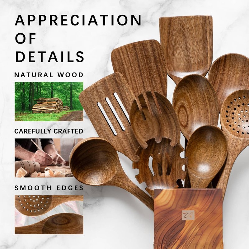 Hefild Wooden Spoons for Cooking, Nonstick Cooking Utensil Set with 10 Piece Acacia Wooden Spatulas and Spoons for Cooking, Terrific for Everyday Kitchen Tasks