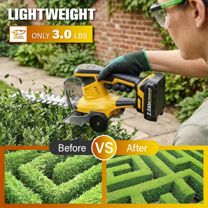 FULLYEA Cordless Hedge Trimmer, 2-in-1 Electric Shrub Trimmer & Grass Shear, Lightweight Bush Trimmer with 2 Blades & 2*2.0Ah Batteries, Handheld Grass Trimmer, Battery Powered Hedge Cutter (Yellow)