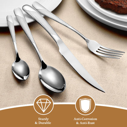 24 Piece Hammered Silverware Set for 6, Premium Food-grade Stainless Steel Flatware Set, Modern Design & Mirror Polished Cutlery Set, Eating Utensil Set Include Fork Knife Spoon Set, Dishwasher Safe