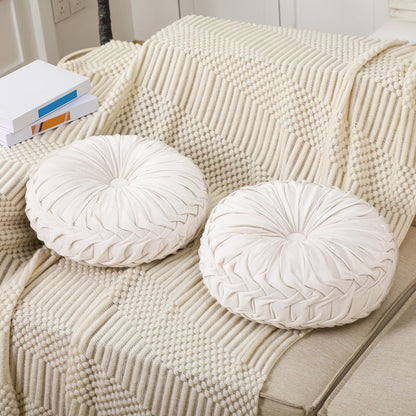 Beeveer 4 Pcs Round Throw Pillows 15 Inch Decorative Velvet Pleated Pumpkin Pillows Boho Floor Pillow with Center Button for Living Room Couch Chair Bed Sofa Home Decoration (Ivory)