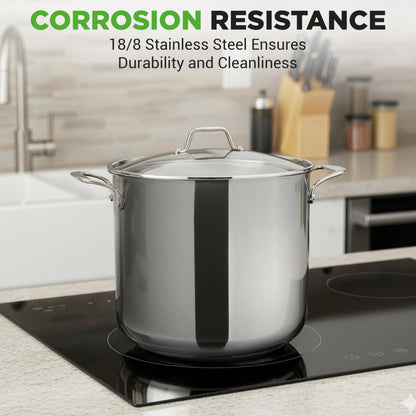 NutriChef 15-Quart Stainless Steel Stock Pot with Tempered Glass Lid - Induction Compatible Large Stockpot, Ideal for Stews & Soups, Dishwasher Safe - NCSP16