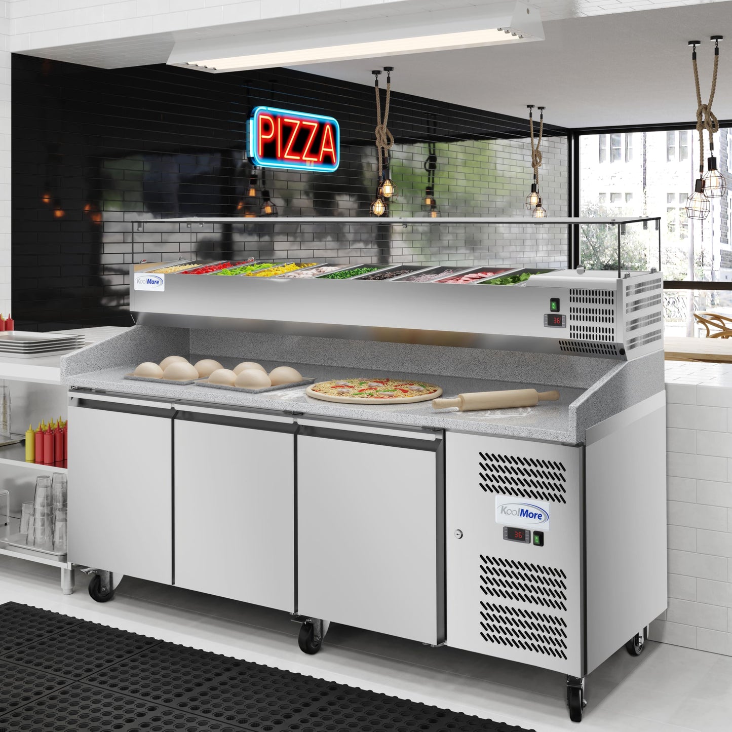KoolMore 79 in. Three-Door Commercial Granite Top Pizza Prep Refrigerator with Refrigerated Condiment Pan Holder in Stainless-Steel (KM-RPCPS-2D79-GRT)