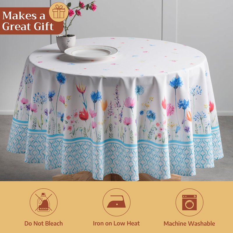Maison d' Hermine Table Cloth Round Table 100% Cotton 69 Round Inches Tablecloth Reusable Decorative for Dining Kitchen Room Farmhouse Home Gifts for Mothers Day Spring Summer - Flower in The Field