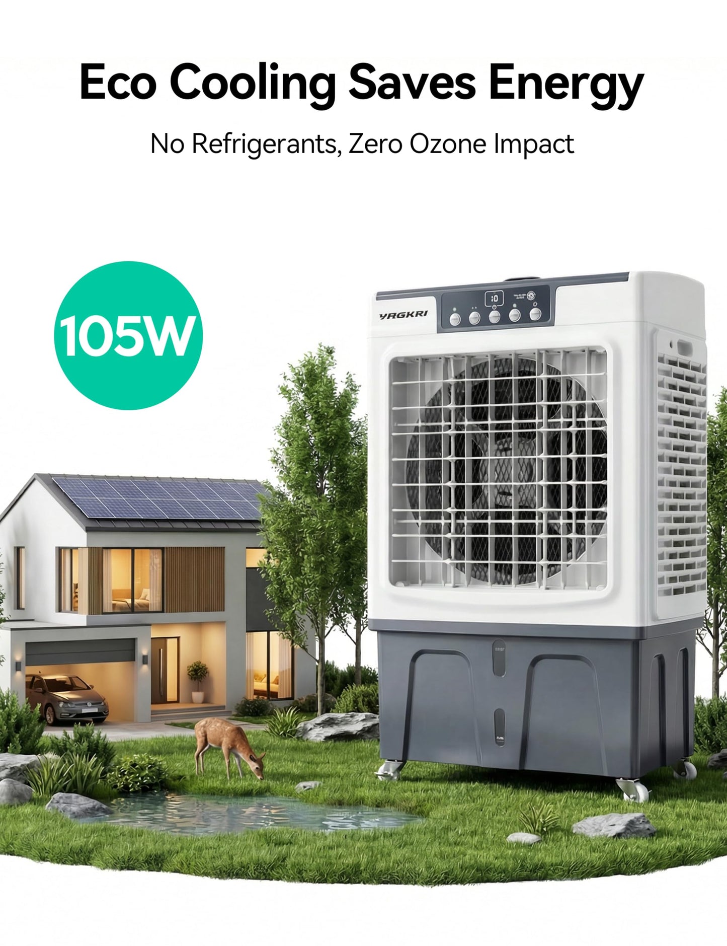 VAGKRI Swamp Cooler, 2100 CFM Evaporative Air Cooler with 8 Gallon Tank, 120° Oscillation, 3 Modes & 3 Speeds, 24H Timer, Remote Control, Outdoor Cooling Fan with Auto Fill for Patio, Garage, Factory