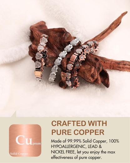 Feraco Copper Bracelets for Women, Ultra Strength Magnetic Bracelet with 3800 Gauss Neodymium Magnets & Dazzling Cubic Zirconia, Pure Copper Jewelry Gift, Heart Shape (Silver)