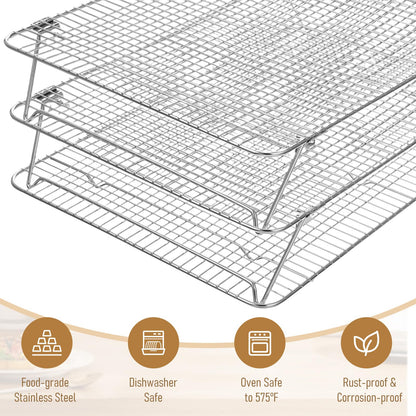 Stainless Steel Stackable Cooling Rack for Baking, 3-Tier Cooling Rack Set, Stackable Heavy Duty Stainless Steel Wire Racks, for Baking Cooking Grilling, Oven & Dishwasher Safe, 12”x 16.5”, Silver