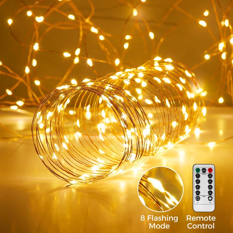 Ariceleo 1 Pack 65. 6 ft. USB Powered Fairy Lights with Remote & Timer, 100 LED USB Twinkle String Lights - Silver Wire, 8 Modes, Waterproof, Warm White Starry Lights for Party, Wedding, Christmas