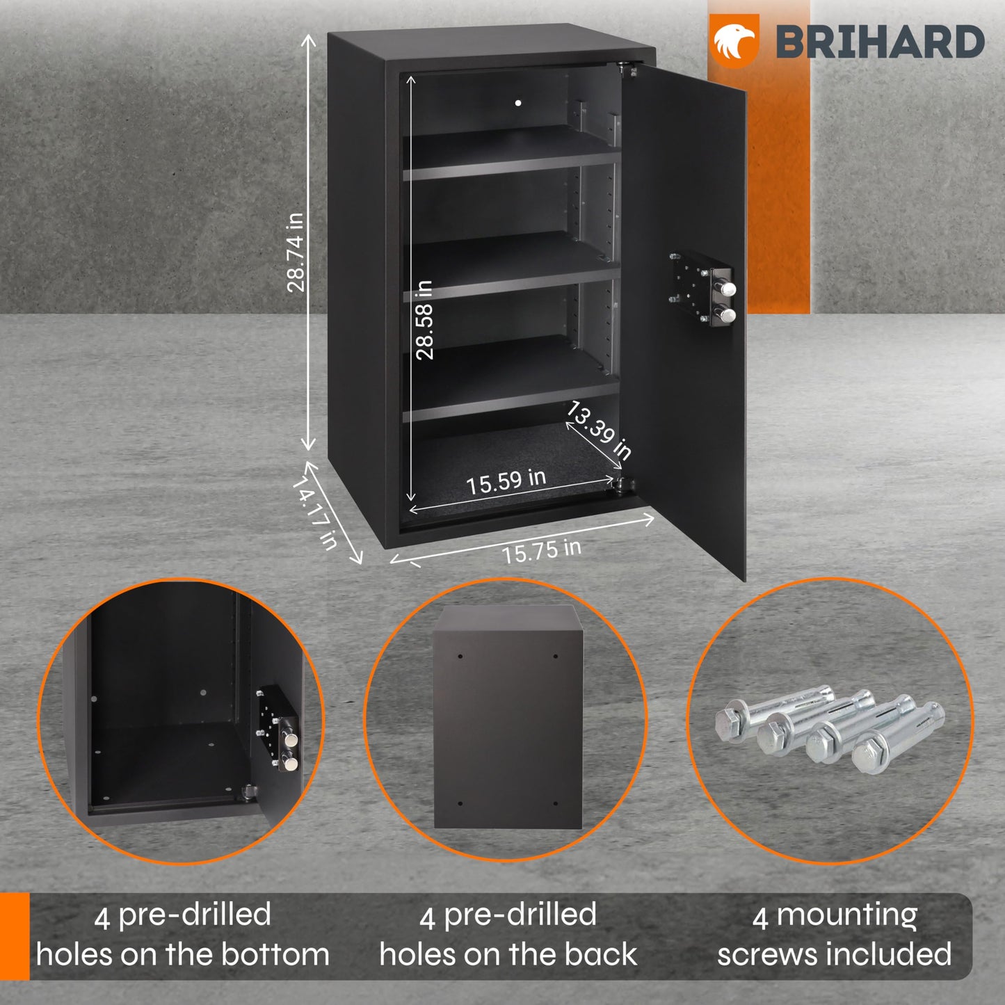 Brihard Business XXL Key Lock Safe 28.74"H x 15.75"W x 14.17"D with Fireproof A4 Bag, Large Office Safe 3.6 Cubic Feet for Documents A4 with 3 Height-Adjustable Shelves for Money & Jewelry