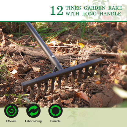 Garden Rake Heavy Duty, 74 Inch Metal Rake with 12 Tines, Bow Rake with Long Handle for Loosening Soil Leveling Lawn Farming Land, Black