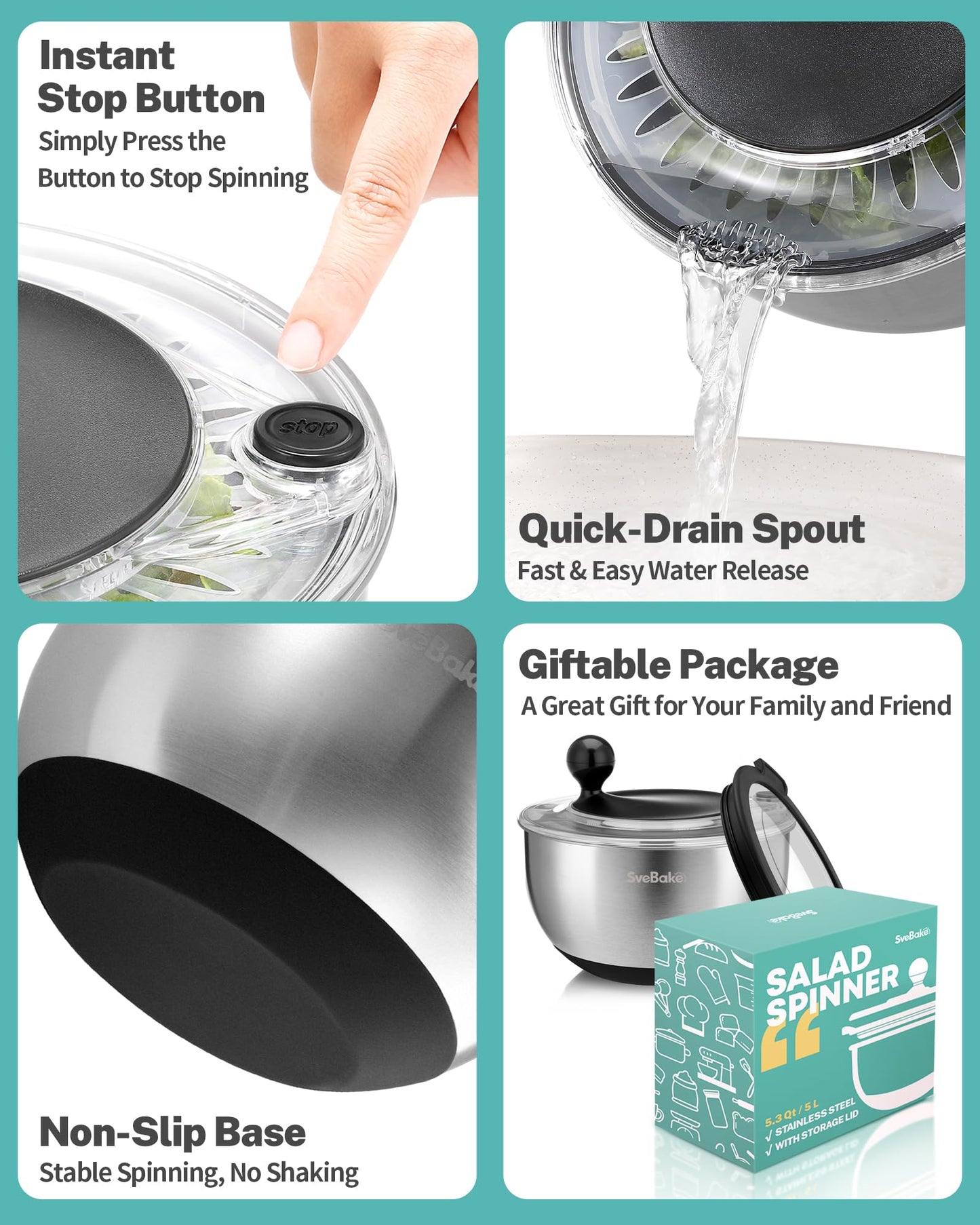SveBake Stainless Steel Salad Spinner with Storage Lid, 5.3 Qt, BPA-Free, 4-in-1 Multi-Functional Lettuce Spinner, Fruit & Vegetable Washer, Easy Clean, Stop Button, Non-Slip Base