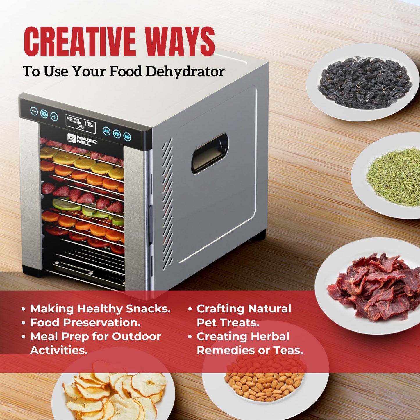 Magic Mill Pro Food Dehydrator Machine | 10 Stainless Steel Trays | Dryer for Jerky, Dog Treats, Herb, Meat, Beef, Fruit | Keep Warm Function, Digital Timer and Temperature Control, ETL Approved