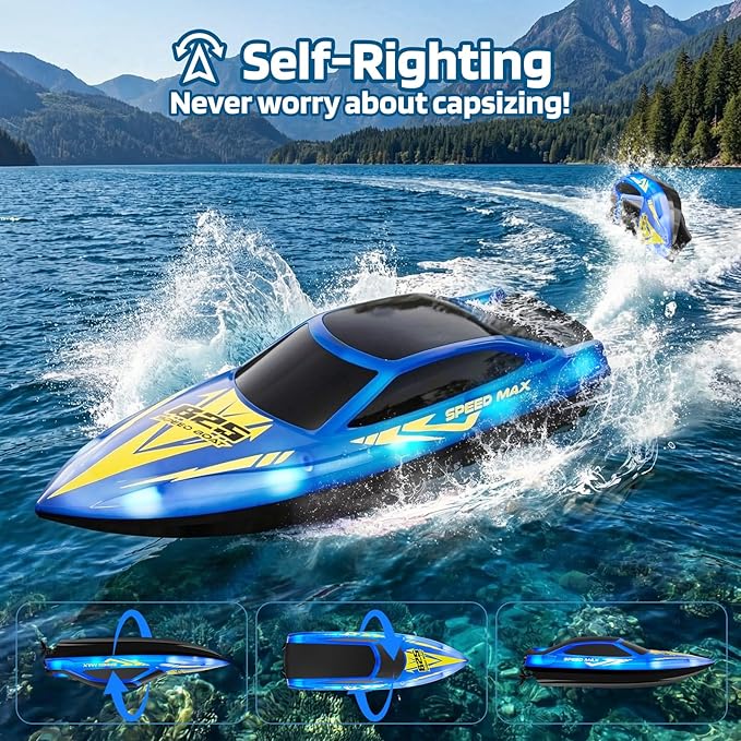 Remote Control Boat for Kids RC Boat for Pool Lake River and Pond with LED Lights Self-Righting Waterproof Fast Speed Racing Electric Boats 2 Speed Modes 60mins Rechargeable Batteries