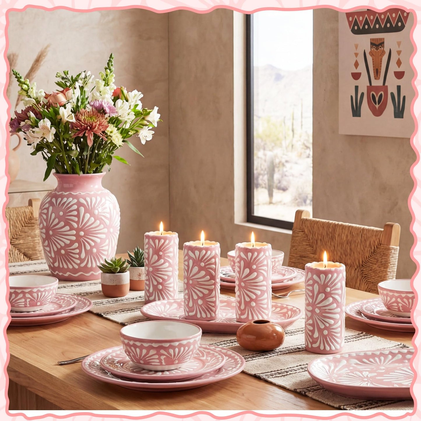 Lounsweer 4 Set Cielito Lindo Party Decorations Mexican Tequila Candle Talavera Mugs Candle for Fiesta Cinco De Mayo Birthday Bridal Shower Bachelorette May 5th Party Home Decor(Pink)