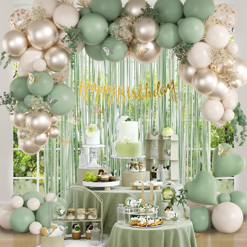 Sage Green Birthday Party Decorations with Happy Birthday Banner Green Fringe Curtain Butterfly Decorations Foil Balloons Happy Birthday Decorations for Women