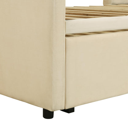 Merax Twin Size Upholstered Daybed Sofa Bed Frame with Extendable Trundle,Backrest and Two Armrests,for Bedroom,Beige Yellow