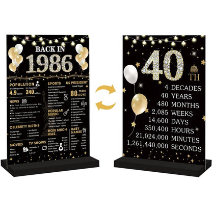 Roetyce 40th Birthday Decorations Gift for Women Men, Black Gold Back in 1986 Poster Acrylic Sign Centerpiece(1PC Duplex Printing), 40th Anniversary Table Decor, 40 Years Old Birthday Party Supplies