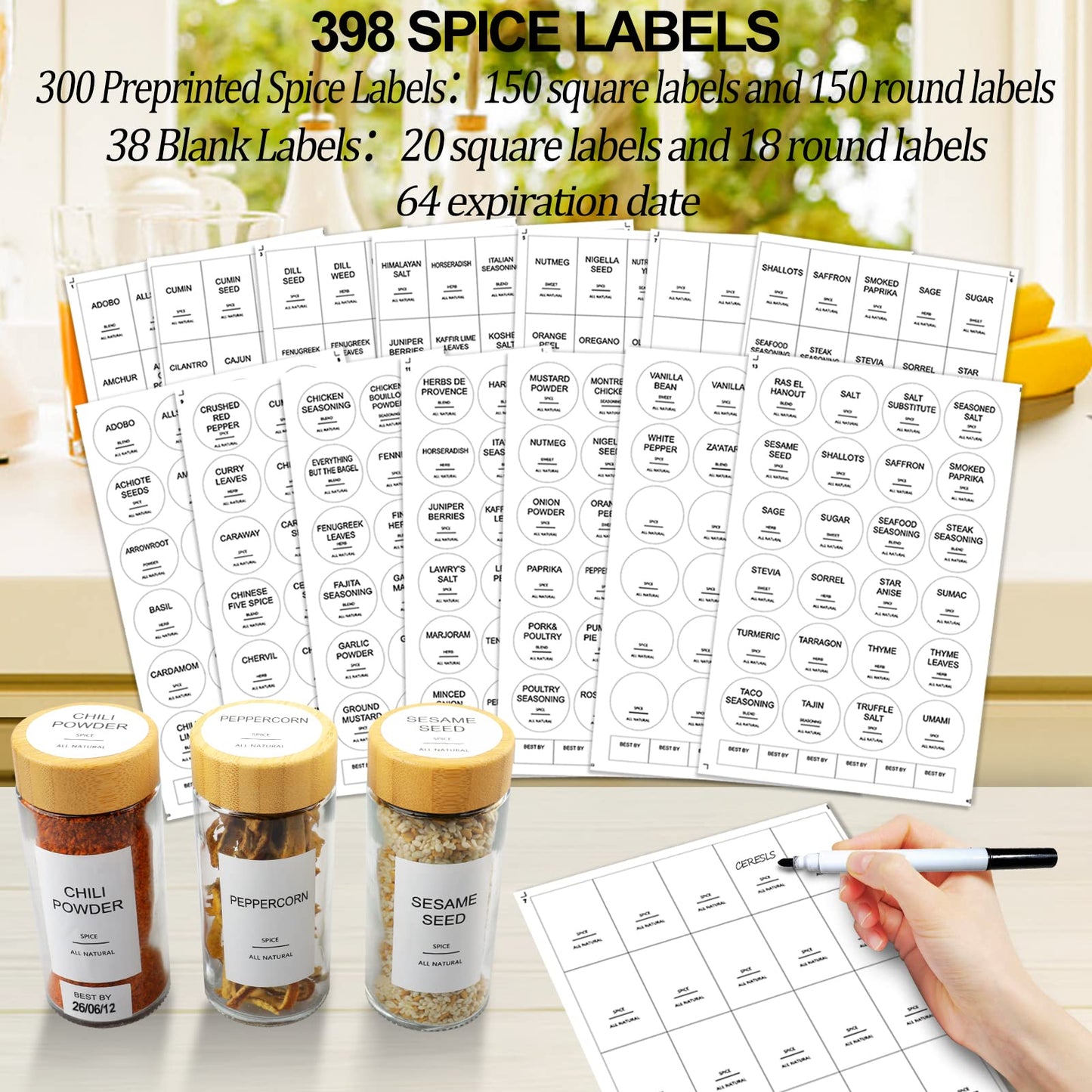 AISIPRIN Glass Spice Jars with 398 Labels, 24 pcs 4oz Spice Containers with Bamboo Lids, Square Spice Bottles With Shaker Lids,Spice Organization for Cabinet,Drawer,Rack,Seasoning Organizer