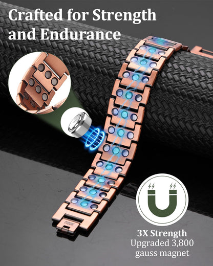 Fashtour 3X Copper Bracelet for Men, Triple Ultra Strength Magnets, Pure Copper Magnetic Bracelet and Ring Set, Adjustable Length with Sizing Tool(Copper)