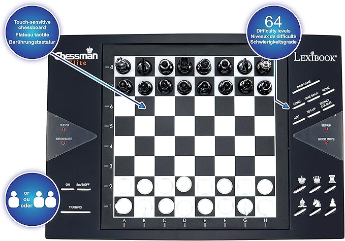 Lexibook Chessman® Elite Interactive Electronic Chess Game + 64 Levels of Difficulty LEDs Family Child Board Game Black/White CG1300US