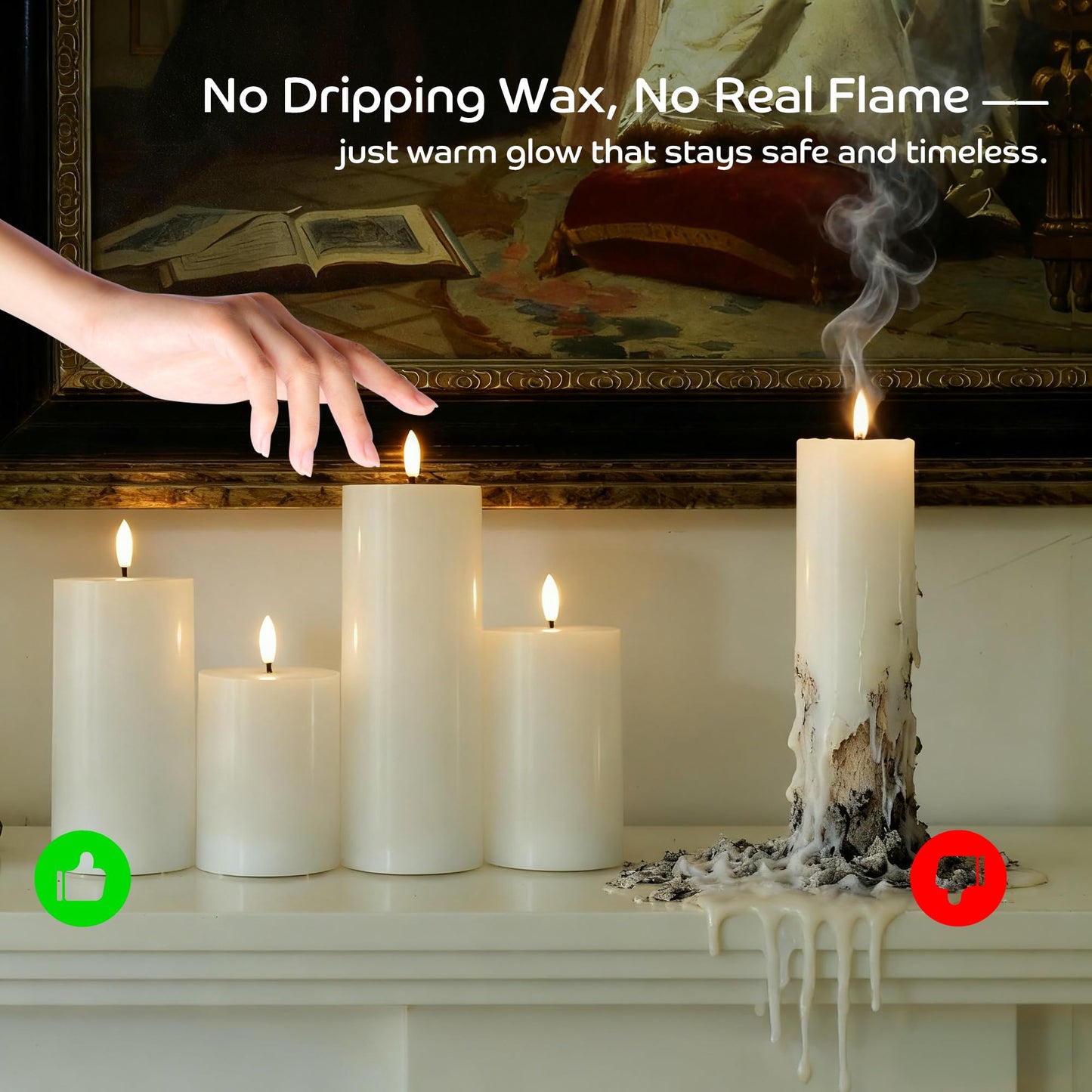 JOIONE Battery Operated Candles with Remote, LED Flameless Real Wax Pillar Candles Set of 4, Timer Function, Safe Home Décor for Living Room, Bedroom, and Dining Table, White