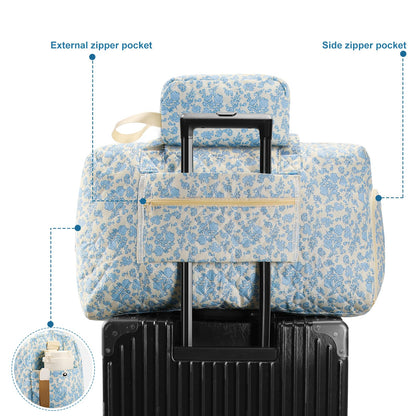 GLOMAXLY Floral Quilted Duffle Bag, Carry On Bag with Shoe Compartment & Toiletry Pouch, Overnight Weekender Bag for Girls & Women, Hospital Bag for Labor Delivery, Graduation Gift, Dance & Ballet Use