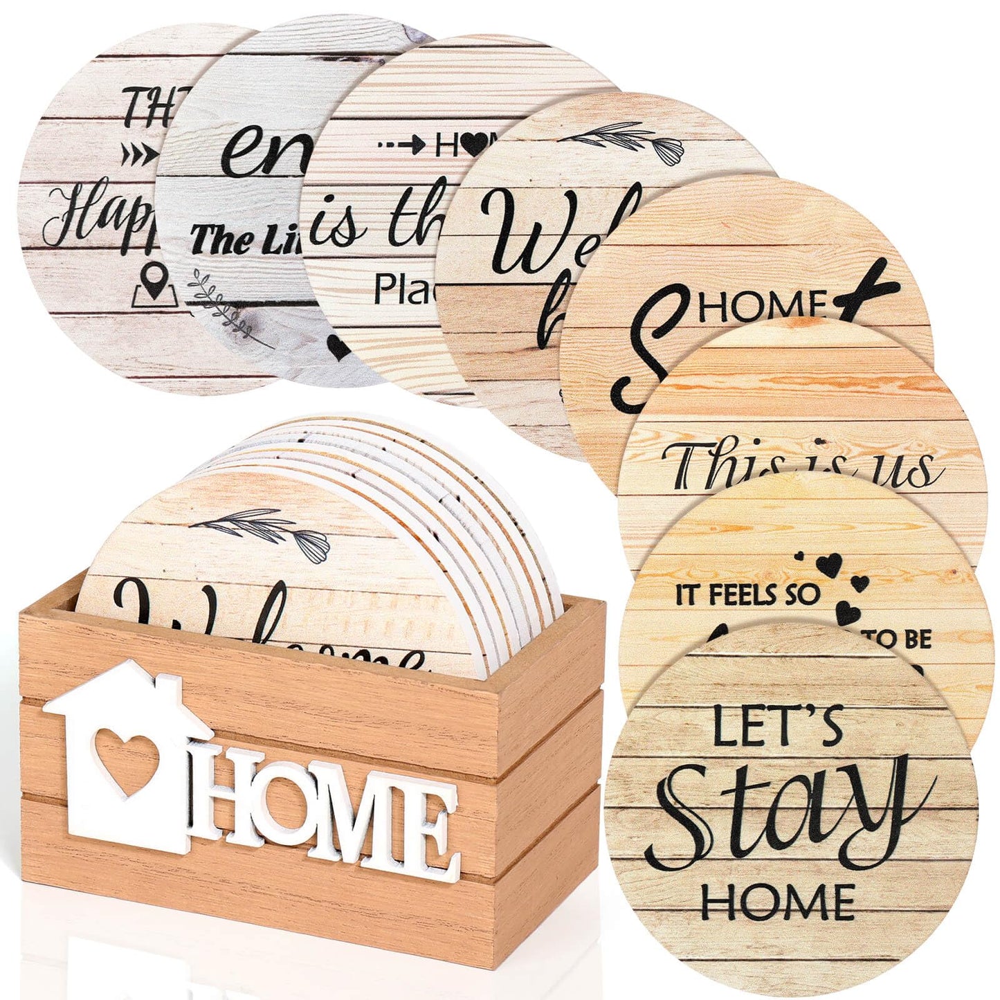 Billbotk House Warming Gifts for Home Decoration, Wood Farmhouse Coasters Set of 8, Drink Coasters for Housewarming Gifts, Coffee Table Decor, Home Decor