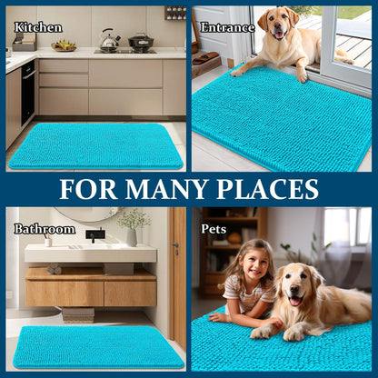 OLANLY Dog Door Mat - Absorbent Non-Slip Chenille Mat for Muddy Paws | 30x17 Inches, Aqua Blue