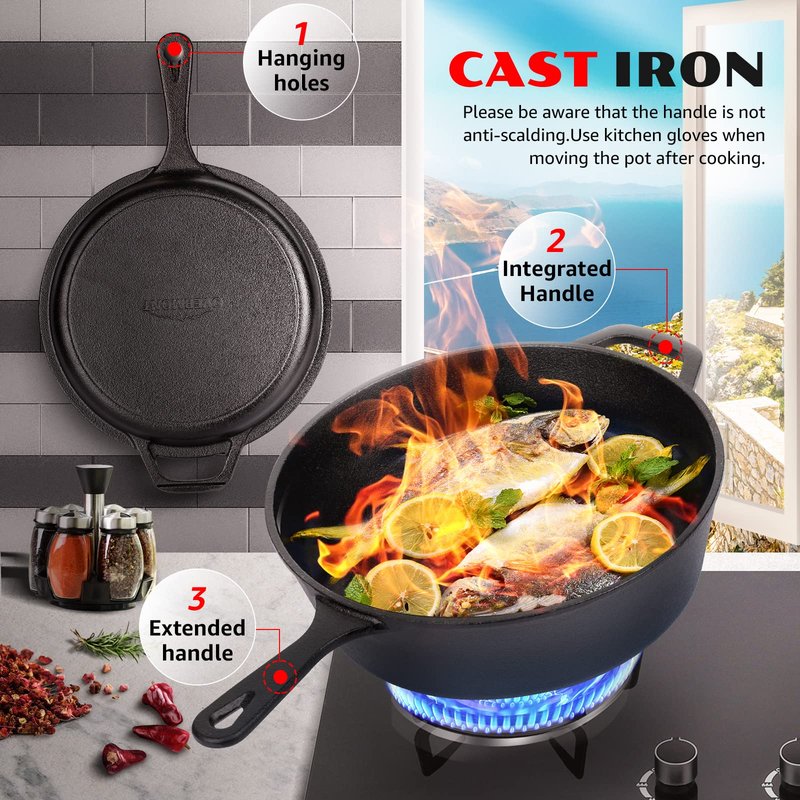 Overmont Cast Iron Skillet with Lid - 2-in-1 Cast Iron Dutch Oven - 3.2QT Deep Pot with Frying Pan - Pre-seasoned Cookware Multi Cooker Skillet - Dutch Oven Pot with Recipe for Grill Induction Stovetop Camping(10.5")
