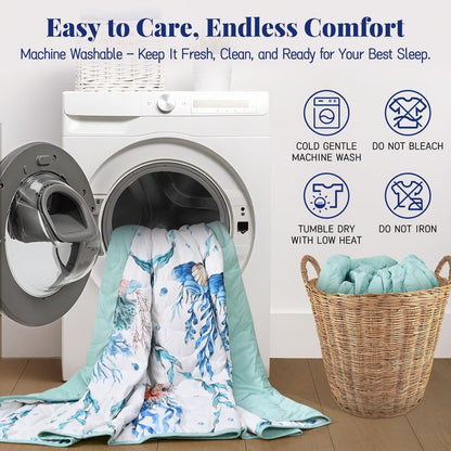 Uspring Cooling Comforter Quilts Queen Size, Double-Sided Cool Comforter for Hot Sleepers Summer Coastal Bedding Set, 3Pcs Lightweight Breathable Cold Summer Bedspreads Blanket Set (Blue, 90'' x 90'')