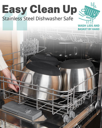 SveBake Stainless Steel Salad Spinner with Storage Lid, 5.3 Qt, BPA-Free, 4-in-1 Multi-Functional Lettuce Spinner, Fruit & Vegetable Washer, Easy Clean, Stop Button, Non-Slip Base