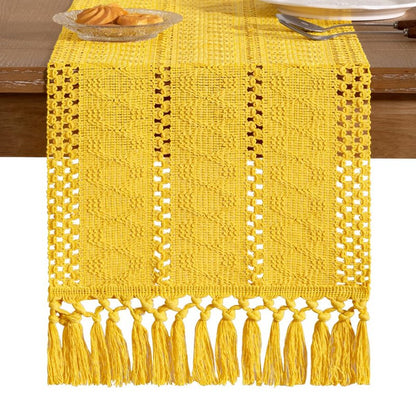 Socomi Boho Table Runner Easter Spring Farmhouse Rustic Dining Kitchen Centerpiece Decor Small Macrame Woven Cotton Linen Coffee Table Runner for Dresser Scarf Home Decor 12x60 in Yellow Gold