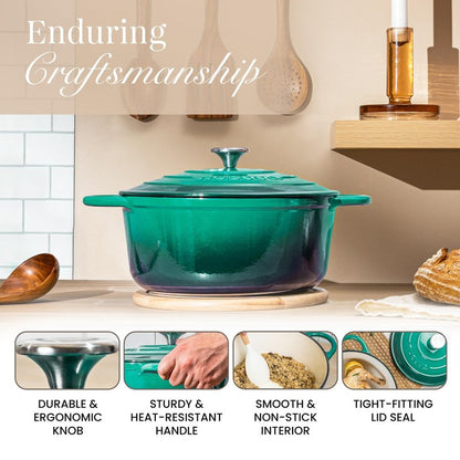 Nuovva Enamelled Cast Iron Dutch Oven Pot with Lid – 6.4 Quart Non Stick Casserole Pot – Heavy Duty & Oven Safe up to 500° F for Bread Baking, Braising, Stews, Roasting – 28cm Dark Green