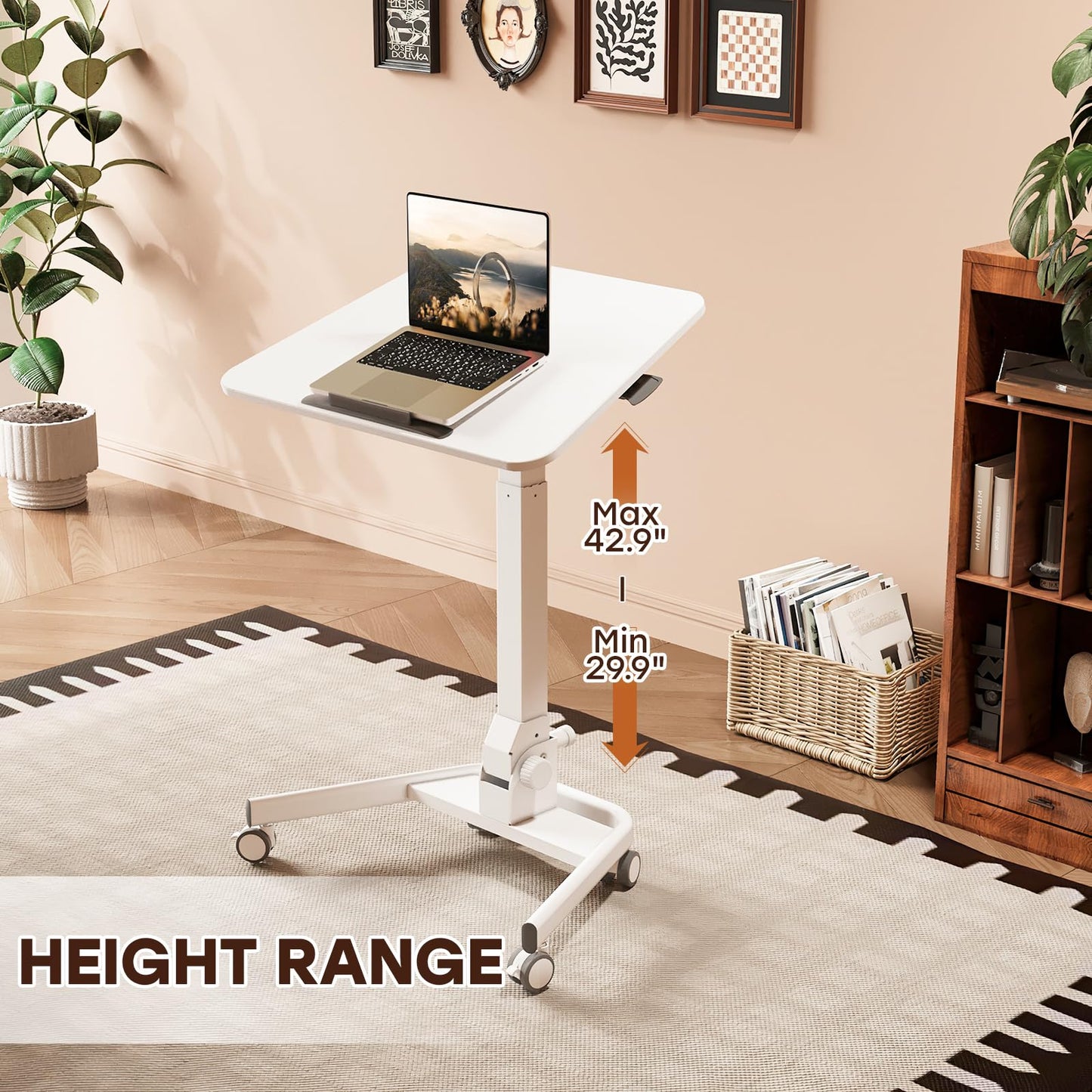 JYLH JOYSEEKER Foldable Mobile Standing Desk, 90 Tiltable Rolling Standing Desk, Height Adjustable Portable Laptop Workstation for Home Office, Easy to Fold, White
