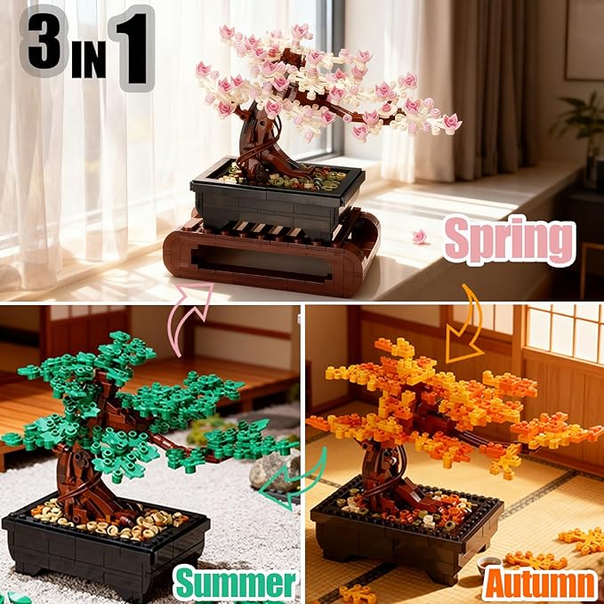 3IN1 Cherry Blossom Bonsai Tree Building Blocks Set Botanicals 3 Season Leaf Bonsai Tree Building Bricks Compatible with Lego Pink Flowers Plant Home Office Decor Ideal Gift for Adult Teen(1229PCS)