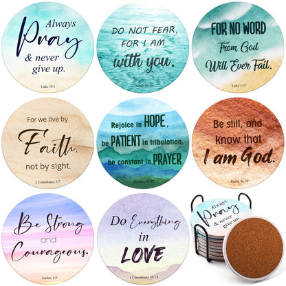 Hushee Set of 8 Christian Coasters with Bible Verses, Absorbent Ceramic Drink Coasters with Holder for Home Decor Table Protection Baptism First Communion Confirmation Gifts, 4 Inches(Gradient Style)