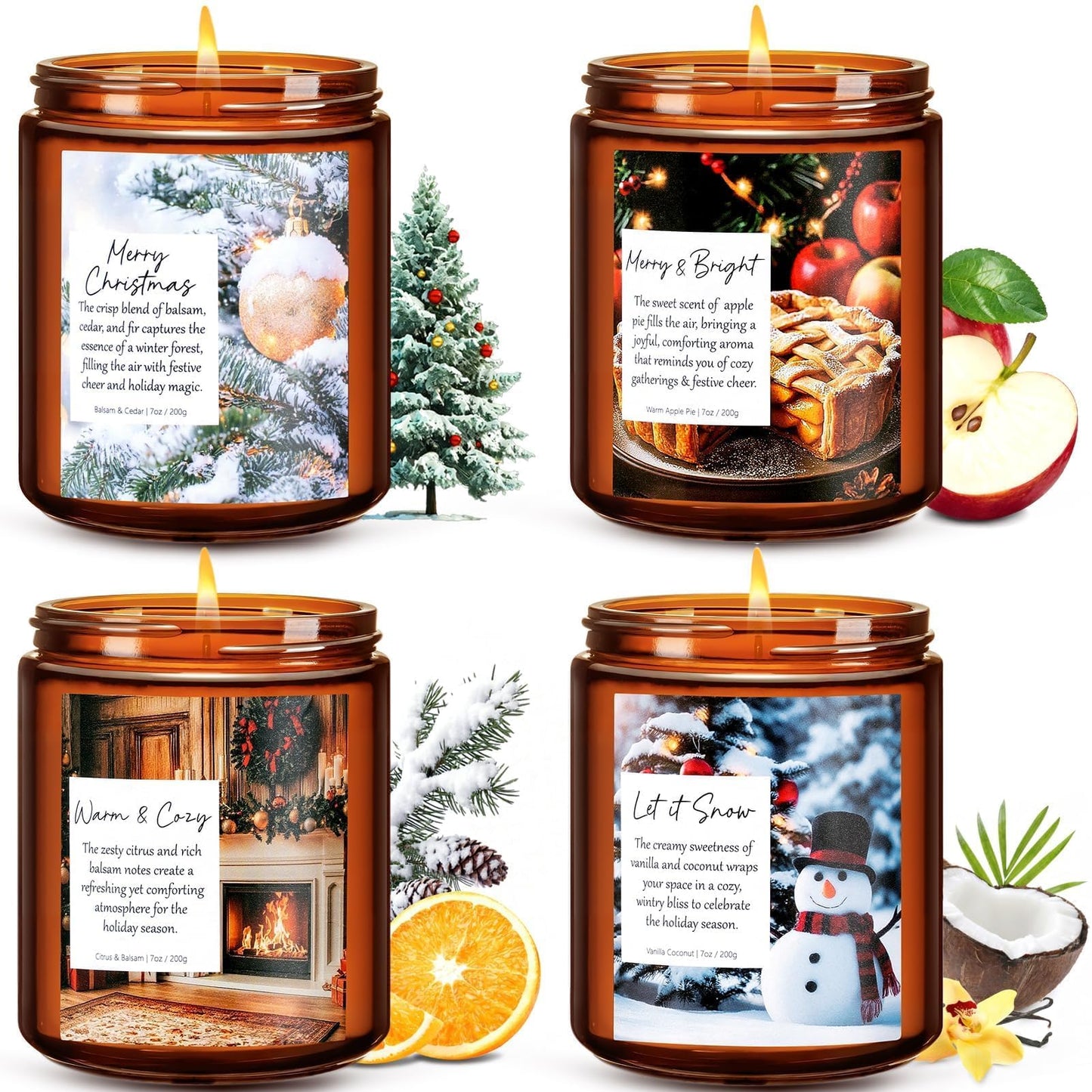 Christmas Candles Set, 4 Pack Xmas Scented Candles for Women, Winter Soy Candle for Home Scented Holiday Candle Gift Set, Christmas Gifts for Women Men- Balsam Cedar/Apple Pie/Citrus/Vanilla Coconut