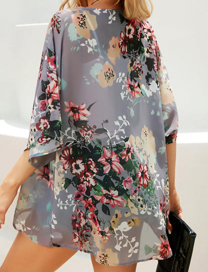 Women's Floral Print Puff Sleeve Kimono Cardigan Loose Cover Up Casual Blouse Tops (Dark Grey, XL)