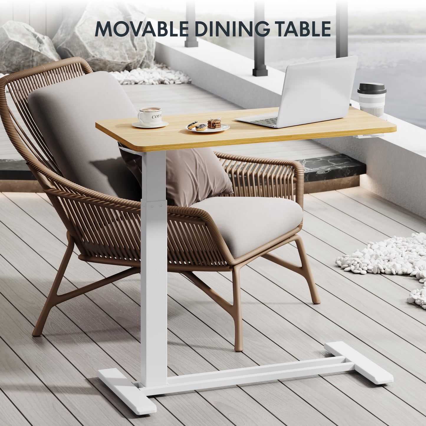 FLEXISPOT H7 Adjustable Overbed Bedside Table with Wheels Pneumatic Mobile Standing Desk Laptop Desk Rolling Computer Cart Movable Table Hospital Home Use(31.5" W x 17.7" D, Maple Large)