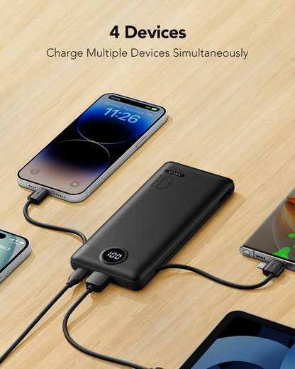 VRURC Portable Charger Built-in Cables and AC Wall Plug, USB C Power Bank 10000mAh, Travel Essentials Phone Charger Compact Lightweight External Battery Pack for Smart Phones, Tablets-Pure Black