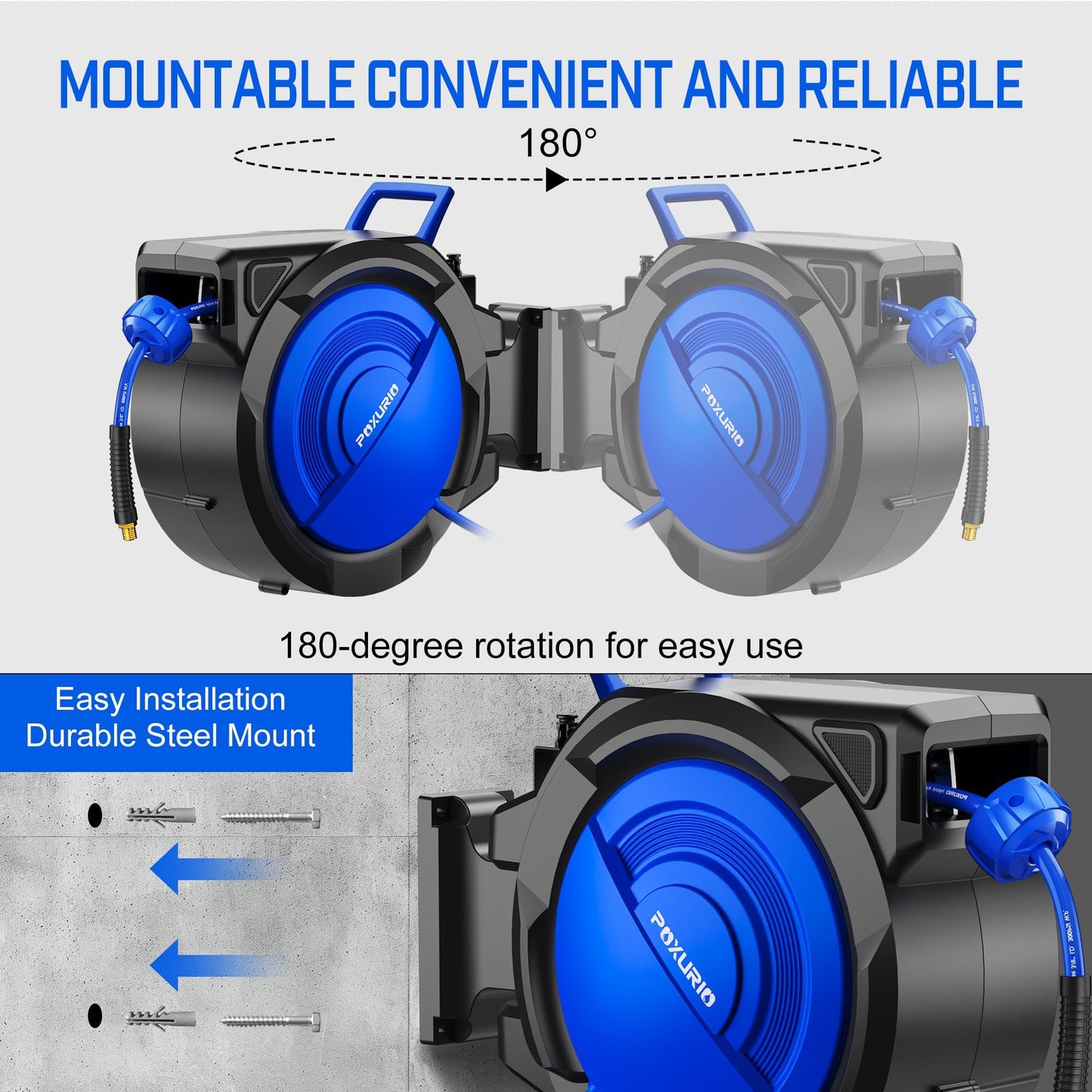 POXURIO 120FT+6.5FT Retractable Air Hose Reel, 5/16" Hybrid Air Hose, Air Compressor Hose Reel with Max 300 PSI Patented Design, Retractable Auto-Rewind Enclosed Heavy Duty 180° Swivel Mount